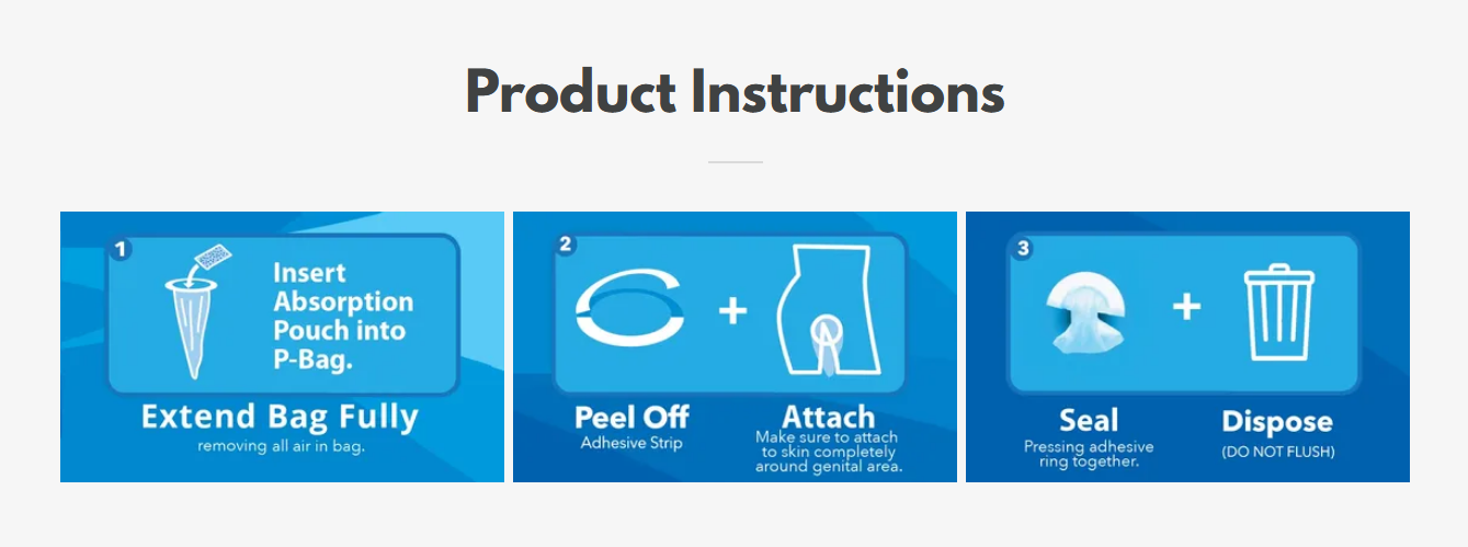 P Bag product instructions — 3 step diagram